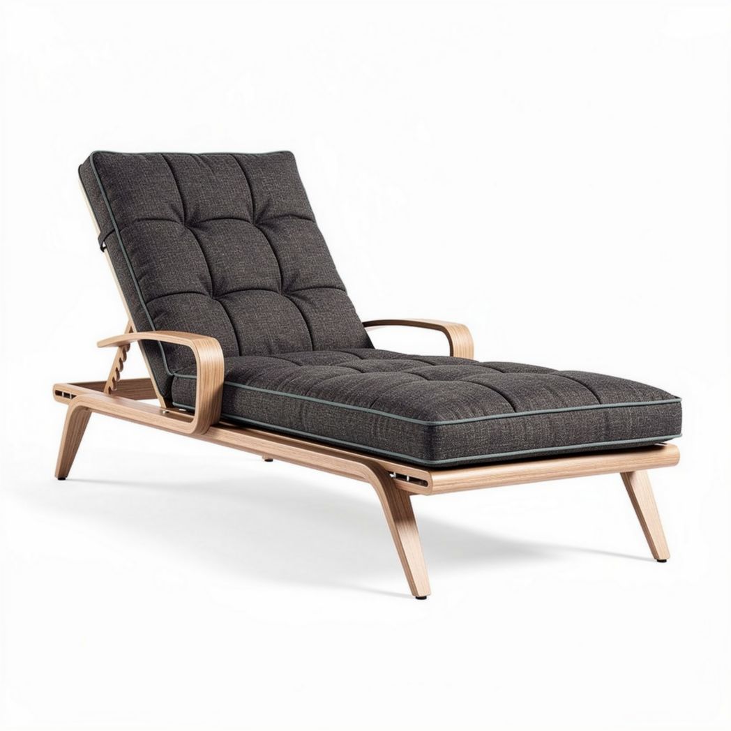 Houten ligstoel met verstelbare rugleuning en zwart kussen 100 x 70 x 80cm