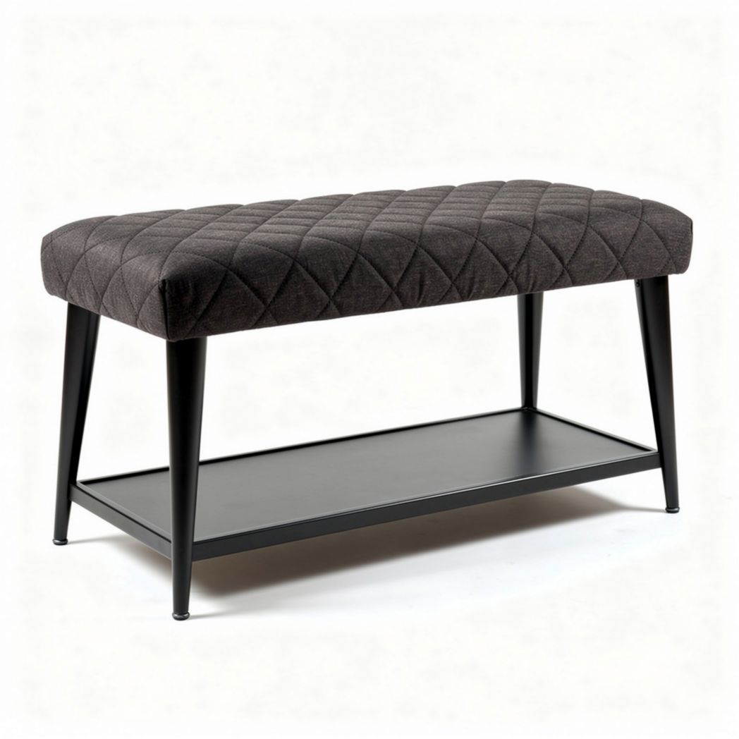 Zwarte stoffen bank met metalen onderstel en opberglade 80 x 40 x 45cm