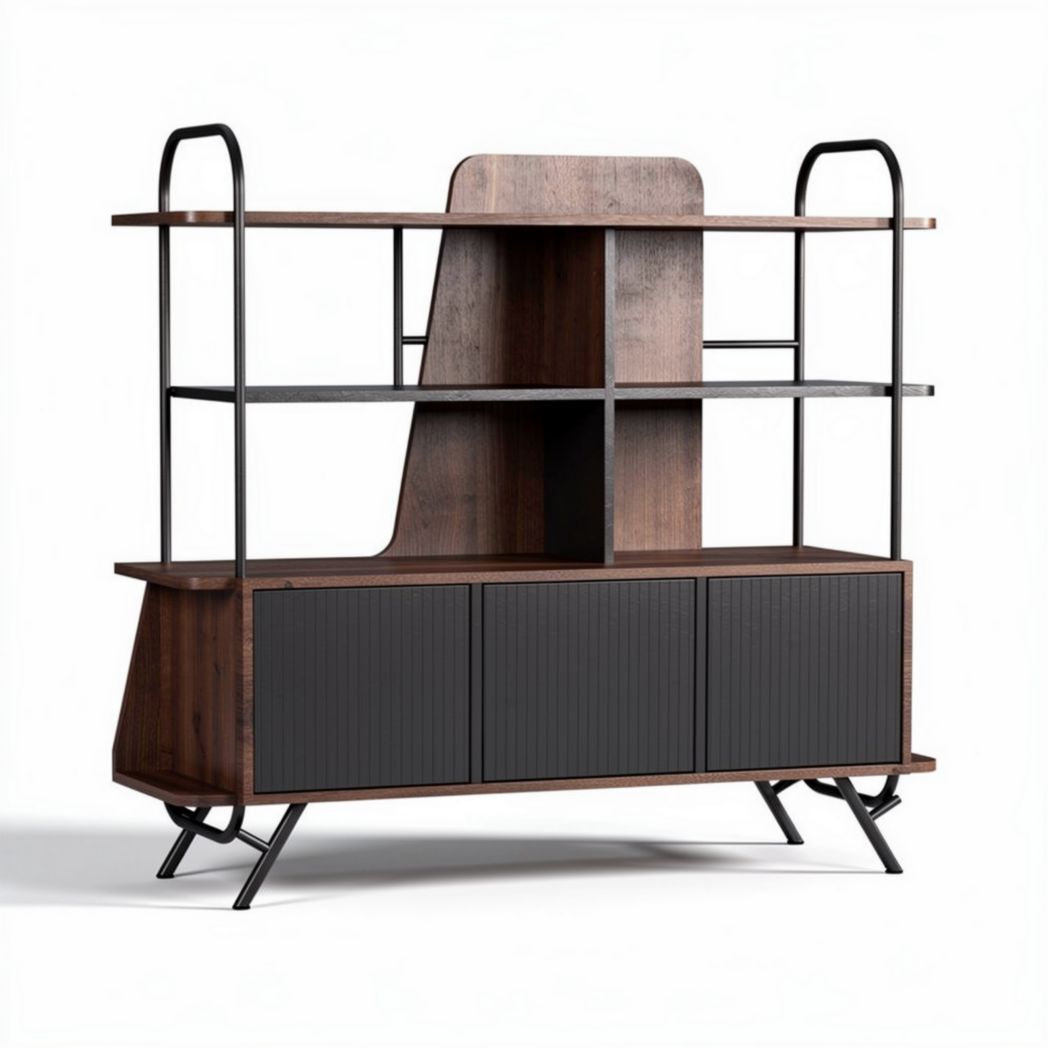 Houten tv-meubel met open planken en zwart metalen frame 160 x 40 x 180cm