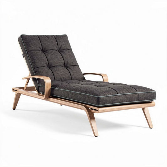 Houten ligstoel met verstelbare rugleuning en zwart kussen 100 x 70 x 80cm