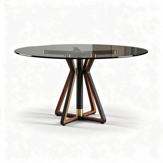 Ronde tafel met glazen blad en staal-houten onderstel 120 x 120 x 75cm
