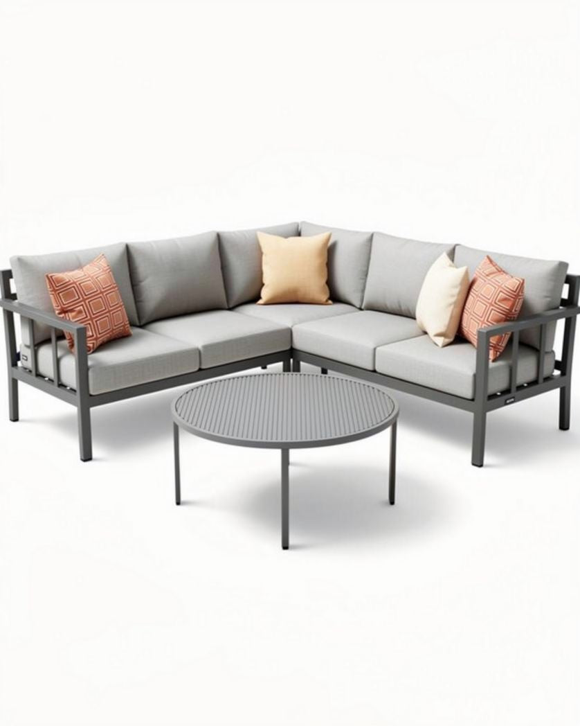 Hoekbank met kussens en ronde tafel van aluminium in lichtgrijs 250 x 250 x 85cm